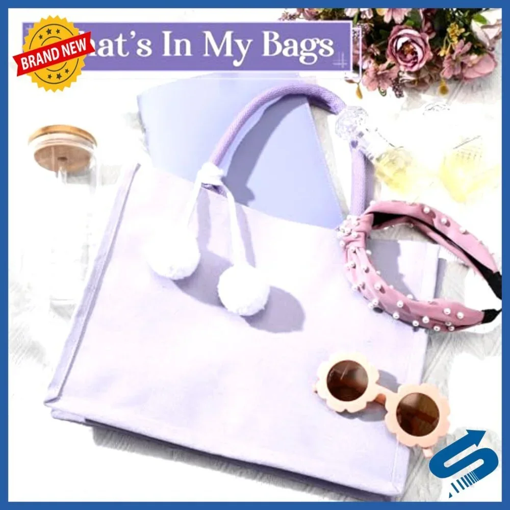 Canvas Tote Bags with Pom Poms Blank Reusable for Gifts Wedding Party